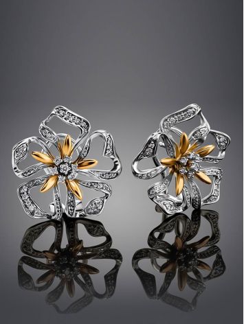 White Gold Floral Earrings With Diamonds, image , picture 2