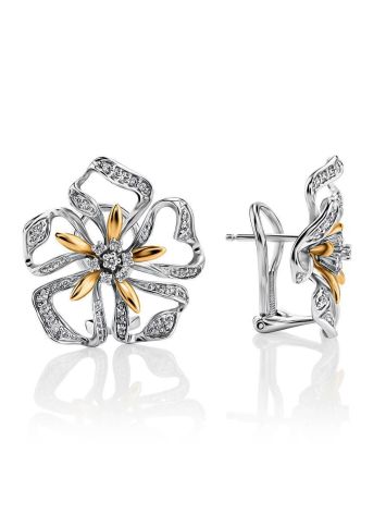 White Gold Floral Earrings With Diamonds, image 
