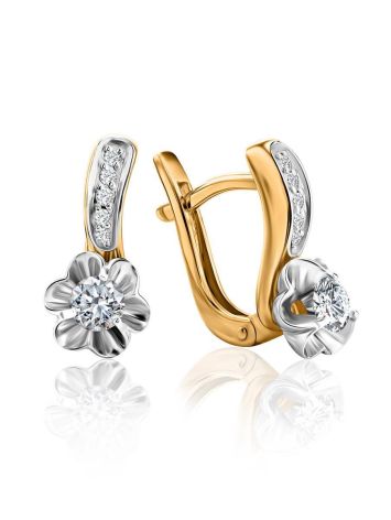 Golden Floral Earrings With White Diamonds, image 