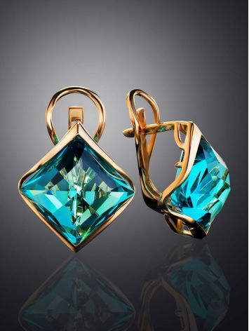 Golden Latch Back Earrings With Blue Aquamarine Centerpieces, image , picture 2