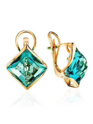 Golden Latch Back Earrings With Blue Aquamarine Centerpieces, image 