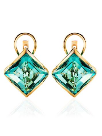 Golden Latch Back Earrings With Blue Aquamarine Centerpieces, image , picture 3