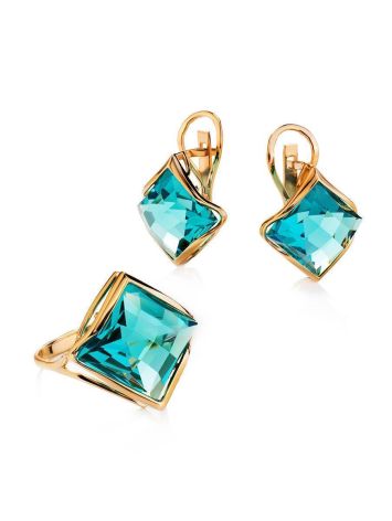 Golden Latch Back Earrings With Blue Aquamarine Centerpieces, image , picture 4