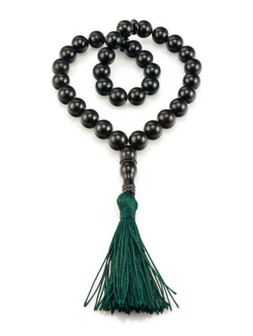 33 Black Amber Muslim Rosary With Green Tassel, image 