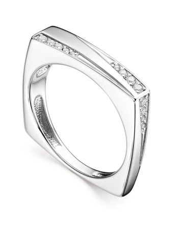 Geometric Silver Ring With Crystal Rows, Ring Size: 7 / 17.5, image 