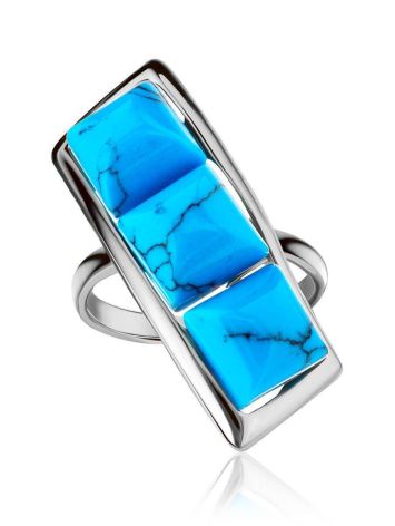 Geometric Silver Ring With Reconstructed Turquoise Centerpieces, Ring Size: 6.5 / 17, image 