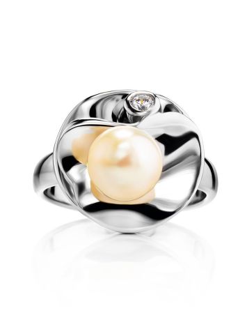 Silver Cocktail Ring With Cultured Pearl And Crystal The Serene, Ring Size: 7 / 17.5, image , picture 3