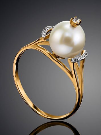 Golden Ring With Pearl And Crystals The Serene, Ring Size: 8.5 / 18.5, image , picture 2