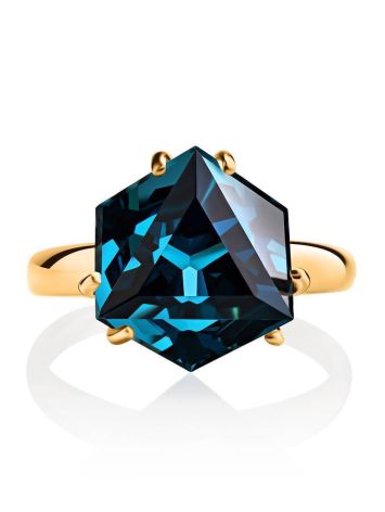 Golden Ring With Blue Synthetic Topaz, Ring Size: 6 / 16.5, image , picture 3