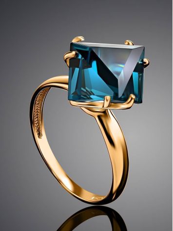 Golden Ring With Blue Synthetic Topaz, Ring Size: 6 / 16.5, image , picture 2
