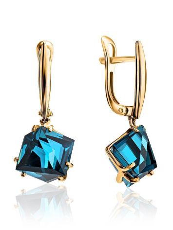 Golden Dangle Earrings With Synthetic Topaz, image 