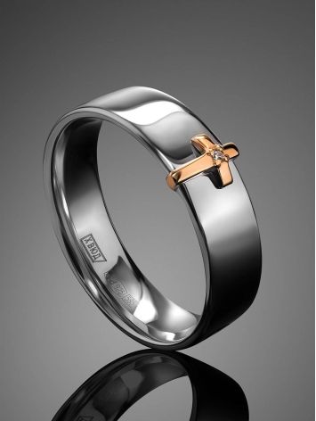 Silver Band Ring With Golden Diamond Cross The Diva, Ring Size: 6.5 / 17, image , picture 2