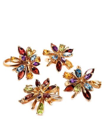 Golden Floral Earrings With Multicolor Gemstones, image , picture 3