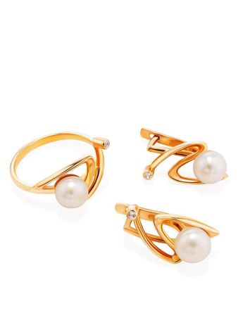 Twisted Golden Ring With Pearl And White Crystal, Ring Size: 7 / 17.5, image , picture 4