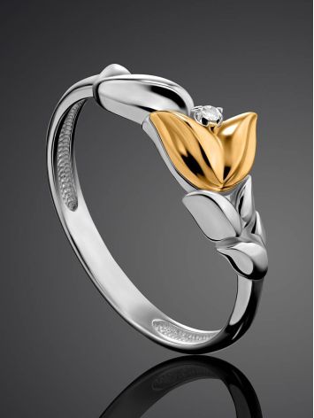 Silver Floral Ring With Golden Flower And Diamond The Diva, Ring Size: 6 / 16.5, image , picture 2
