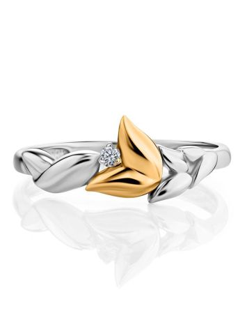 Silver Floral Ring With Golden Flower And Diamond The Diva, Ring Size: 6 / 16.5, image , picture 4