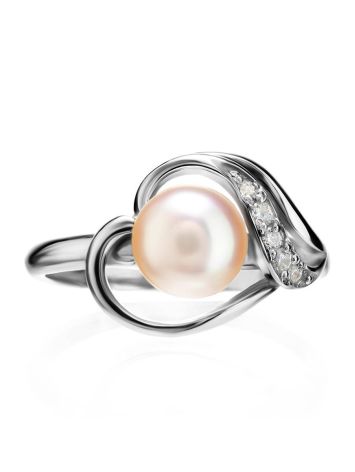 Серебряное кольцо с культивированным жемчугом и фианитами, Ring Size: 6.5 / 17, image , picture 3