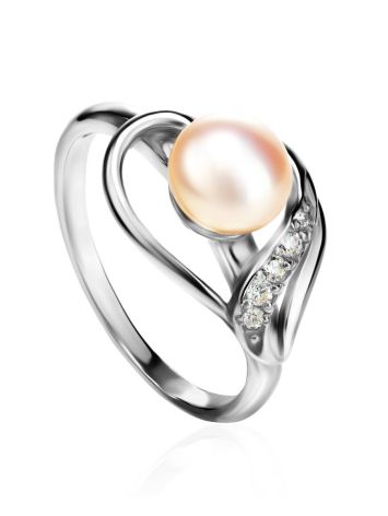 Classy Silver Ring With Pearl And Crystals, Ring Size: 6.5 / 17, image 