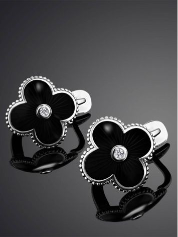 Black Enamel Four Petal Silver Earrings With Diamond The Heritage, image , picture 2