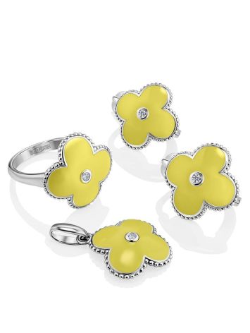 Silver Floral Earrings With Yellow Enamel And Diamonds The Heritage, image , picture 3