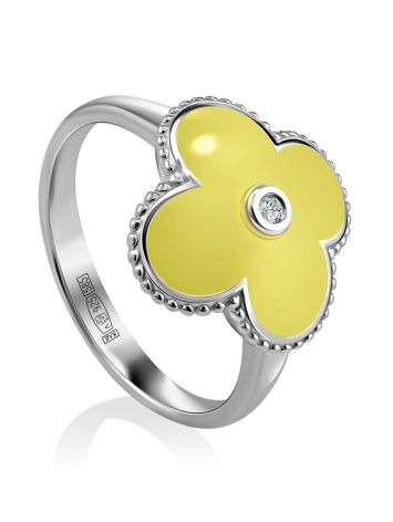 Yellow Enamel Clover Shaped Ring With Diamond The Heritage, Ring Size: 6.5 / 17, image 