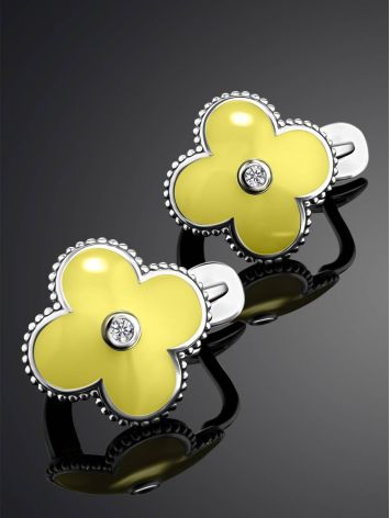 Silver Floral Earrings With Yellow Enamel And Diamonds The Heritage, image , picture 2